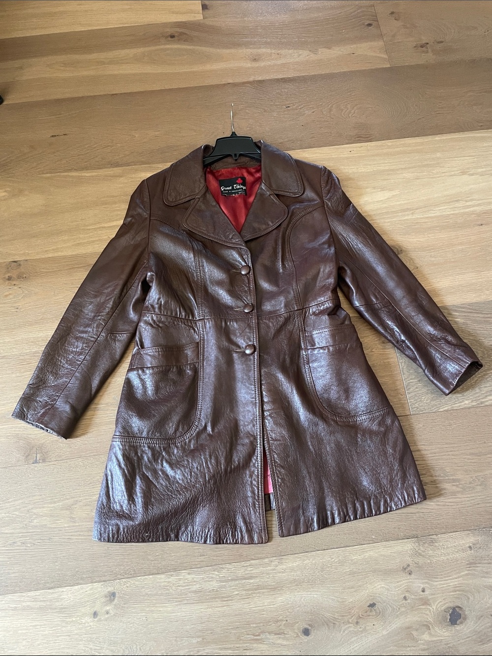 Great Things Vintage Chocolate Brown Genuine Leather Long Coat Jacket Size Large